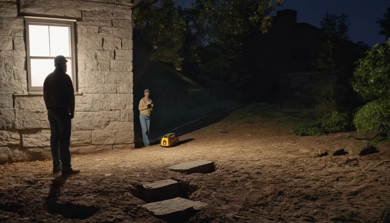 A provider checking a stone foundation wall in a basement near Sagaponack